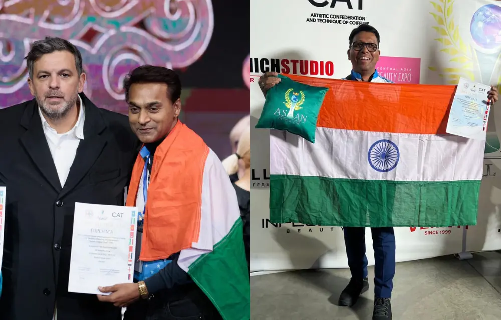 In frame: Luigi Caterino (Left) CMC CAT UK President and Manoj Chauhan (Left) earned 4th place with the "Hairstylist by Night" theme using Vazha Mkhitaryan’s technique. In Female Hairdressing – Salon Creative Haircut, Sandeep Yadav (Right) secured 4th place.