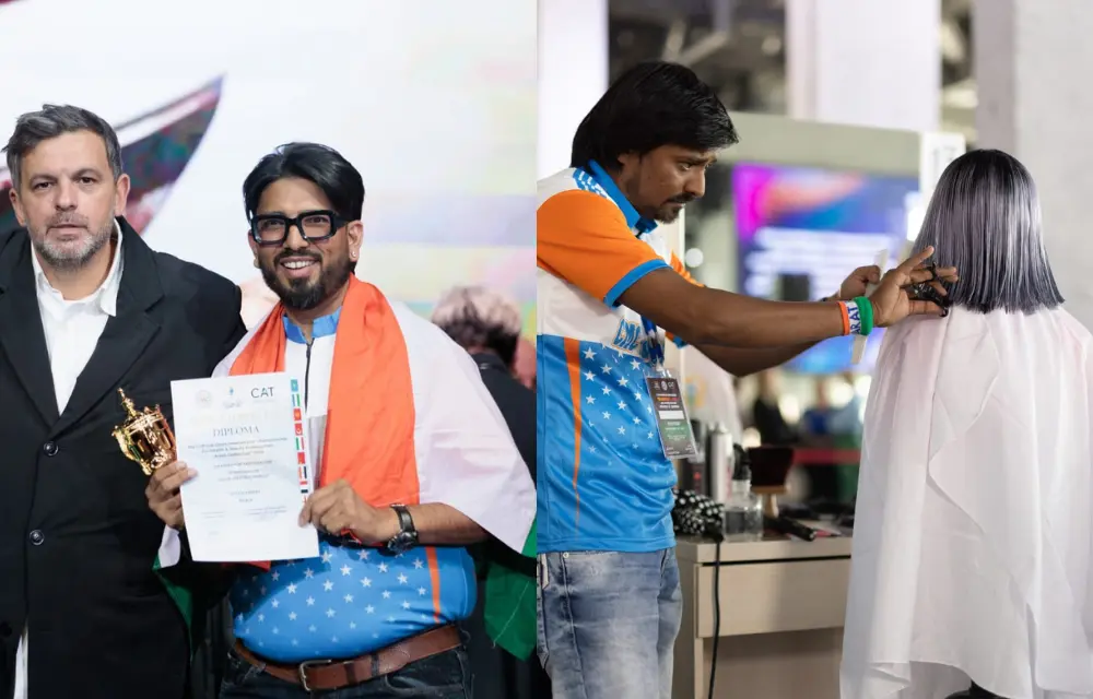 In frame: Luigi Caterino (Left) CMC CAT UK President and Uttam Parekh (Left) secured 3rd place) in Female Hairdressing – Salon Creative Haircut. In Female Salon Look Haircut, Brajesh Sarathe (Right) earned 4th place.